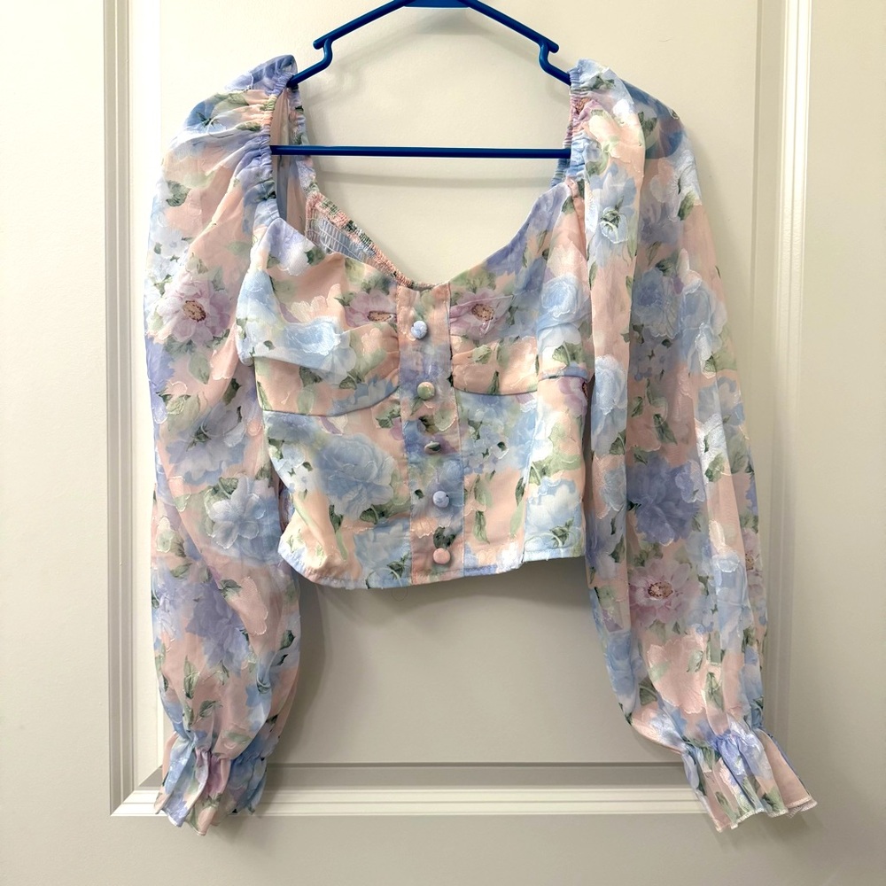 Floral Chiffon Blouse with Button Front and Smocked Back